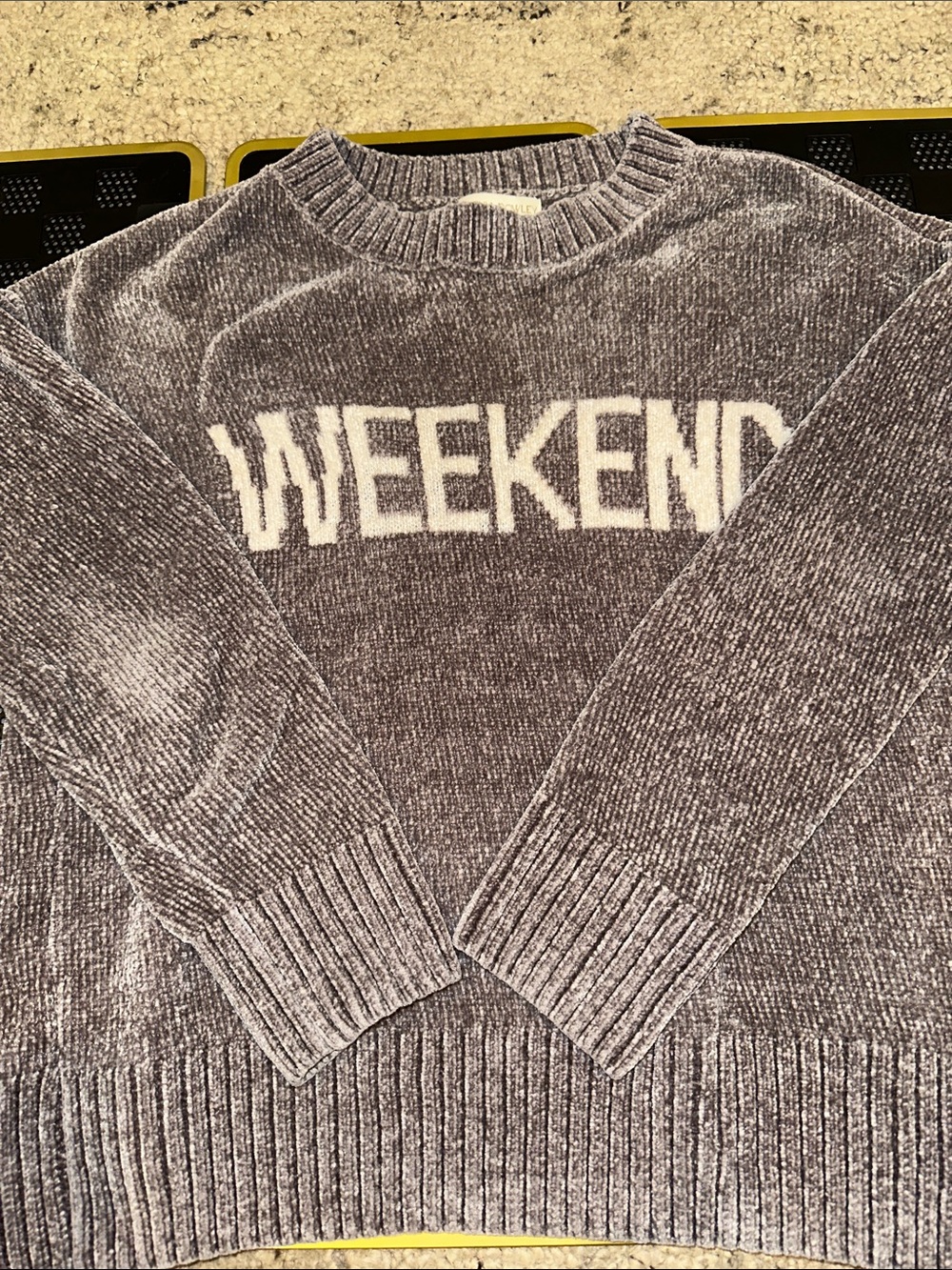 Cynthia Rowley Plush Gray Chenille Like 'WEEKEND' Crew Sweater
